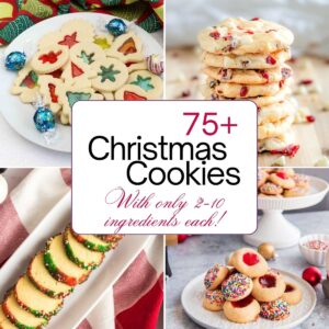 Collage of 4 plates of different, colorful Christmas cookies with the title in a white box in the center.