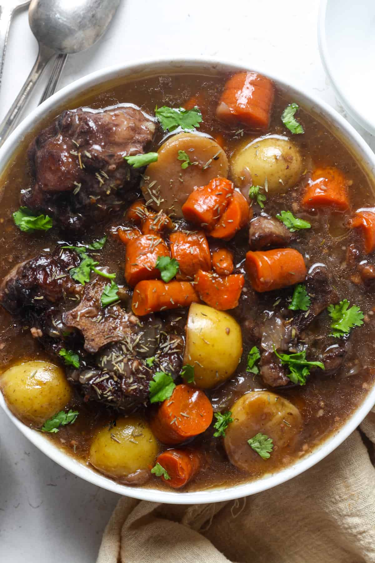 Chunky beef stew with carrots and potatoes in it.