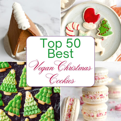 Collage of 4 Christmas cookies including a gingerbread house with white icing, decorated mitten and tree shaped cookies, pink and white macarons with candy cane filling and green iced tree cookies. Title, Top 50 best vegan Christmas cookies, is on a white banner in the middle.