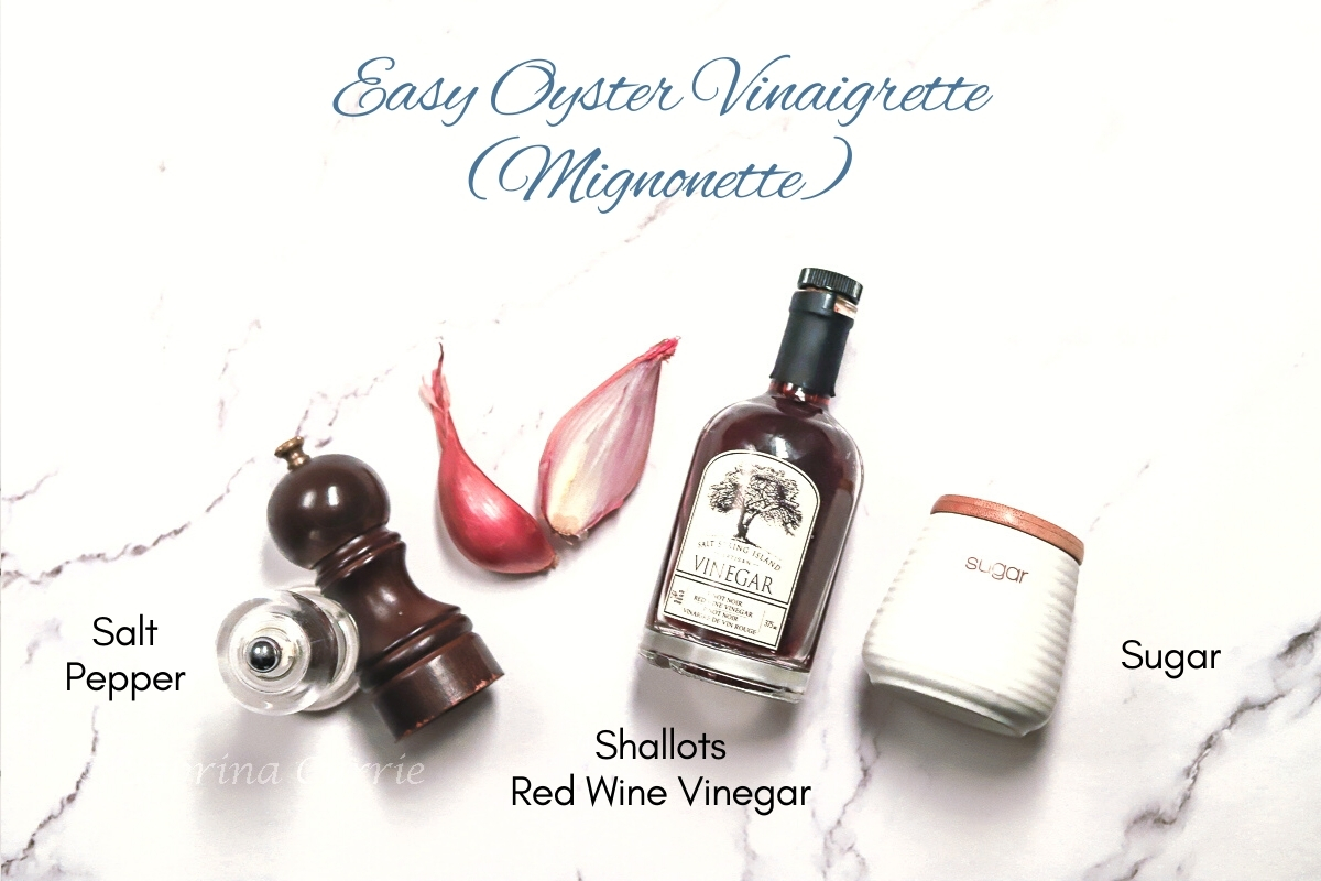 Ingredients for the vinaigrette recipe including salt, pepper, shallots, red wine vinegar, and sugar.
