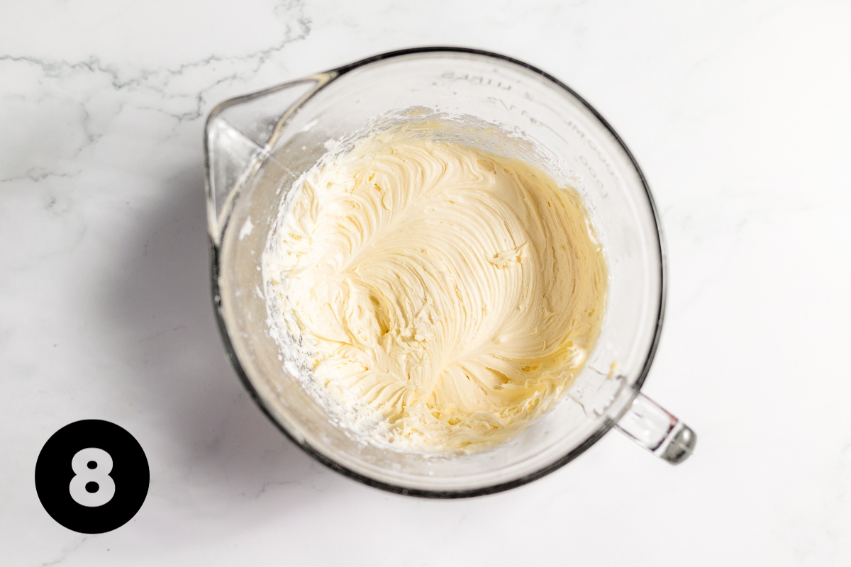 The butter and sugar have been whipped together into a creamy, ivory colored smooth icing.