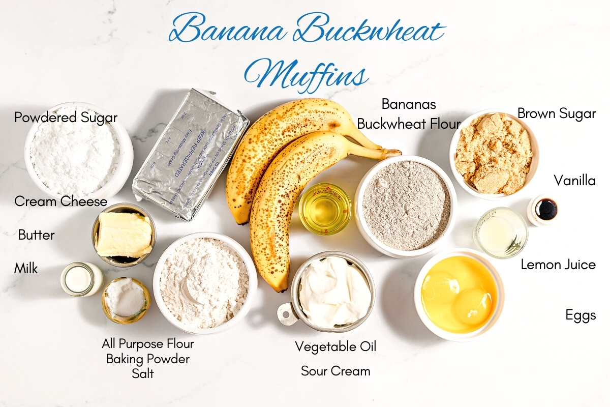 Labelled ingredients for the banana buckwheat muffins including flour, sugar, butter, bananas, buckwheat flour, eggs and vanilla.