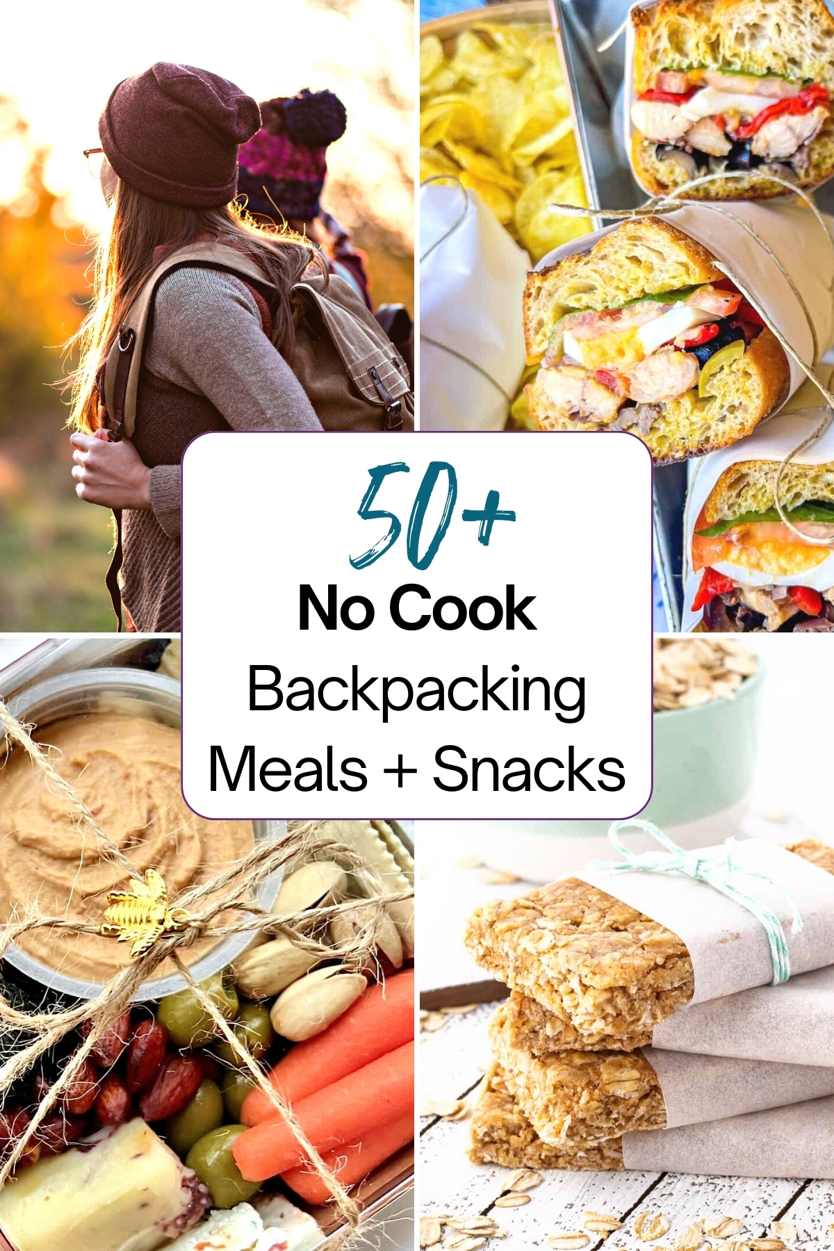 Collage of 3 no-cook meals and 1 photo of people hiking with article title on a white banner in the middle. Article title is, "50+ no cook backpacking meals and snacks".