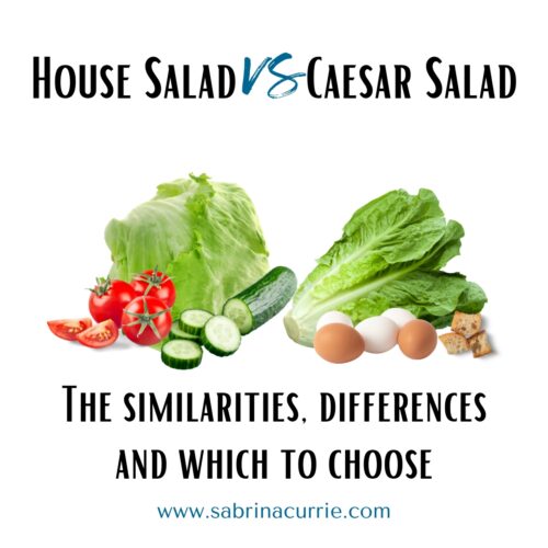 Article title, "House salad vs Caesar salad", over a photo of iceberg lettuce, romaine lettuce, tomatoes, cucumber, eggs and croutons.