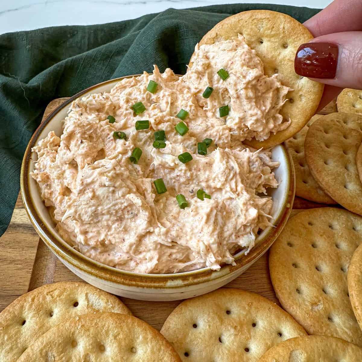 Pale pink cream cheese style dip sprinkled with chives and surrounded by crackers.