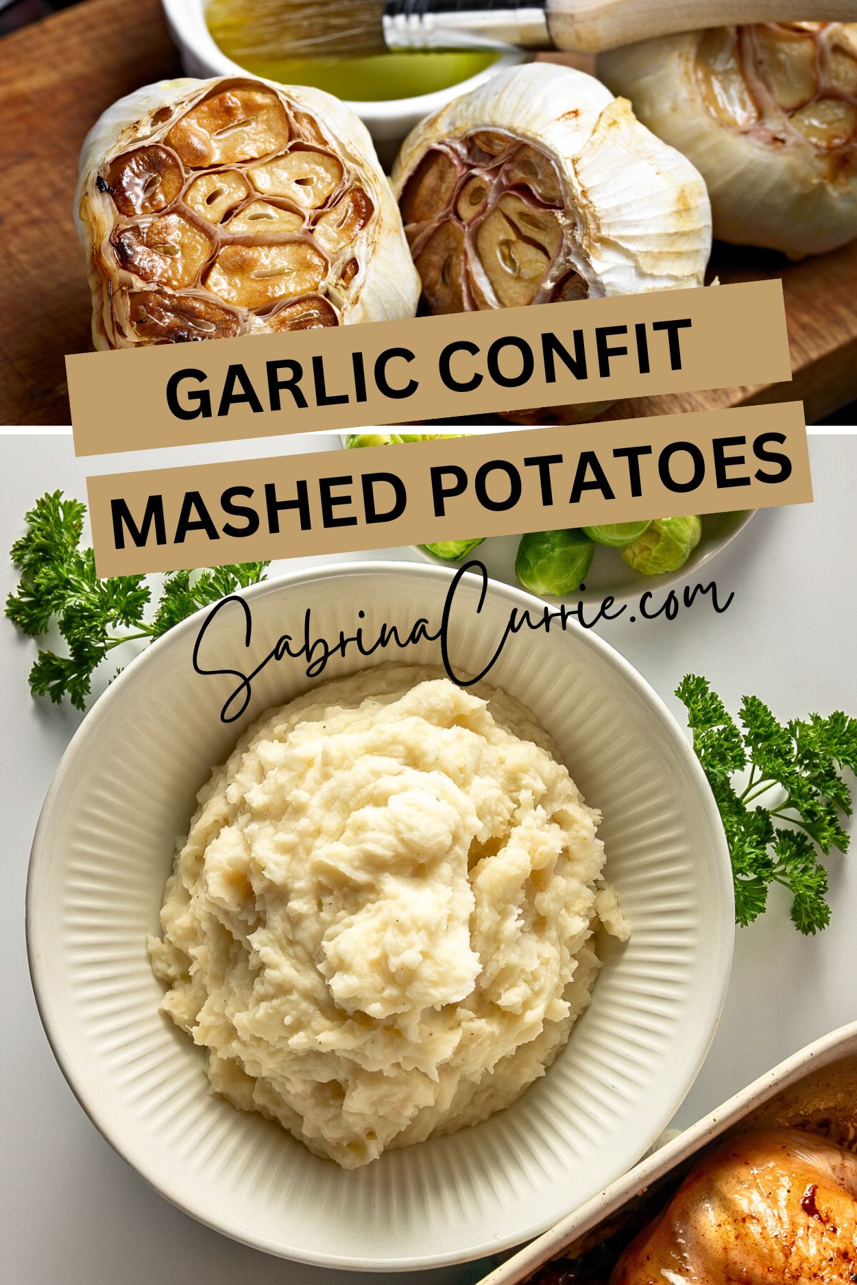 2 bulbs of roasted garlic above a bowl of creamy mashed potatoes.