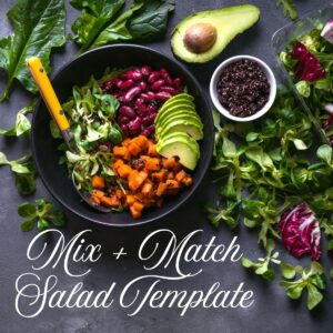 A bowl of salad surrounded by extra ingredients like avocado, herbs, radicchio and kale.