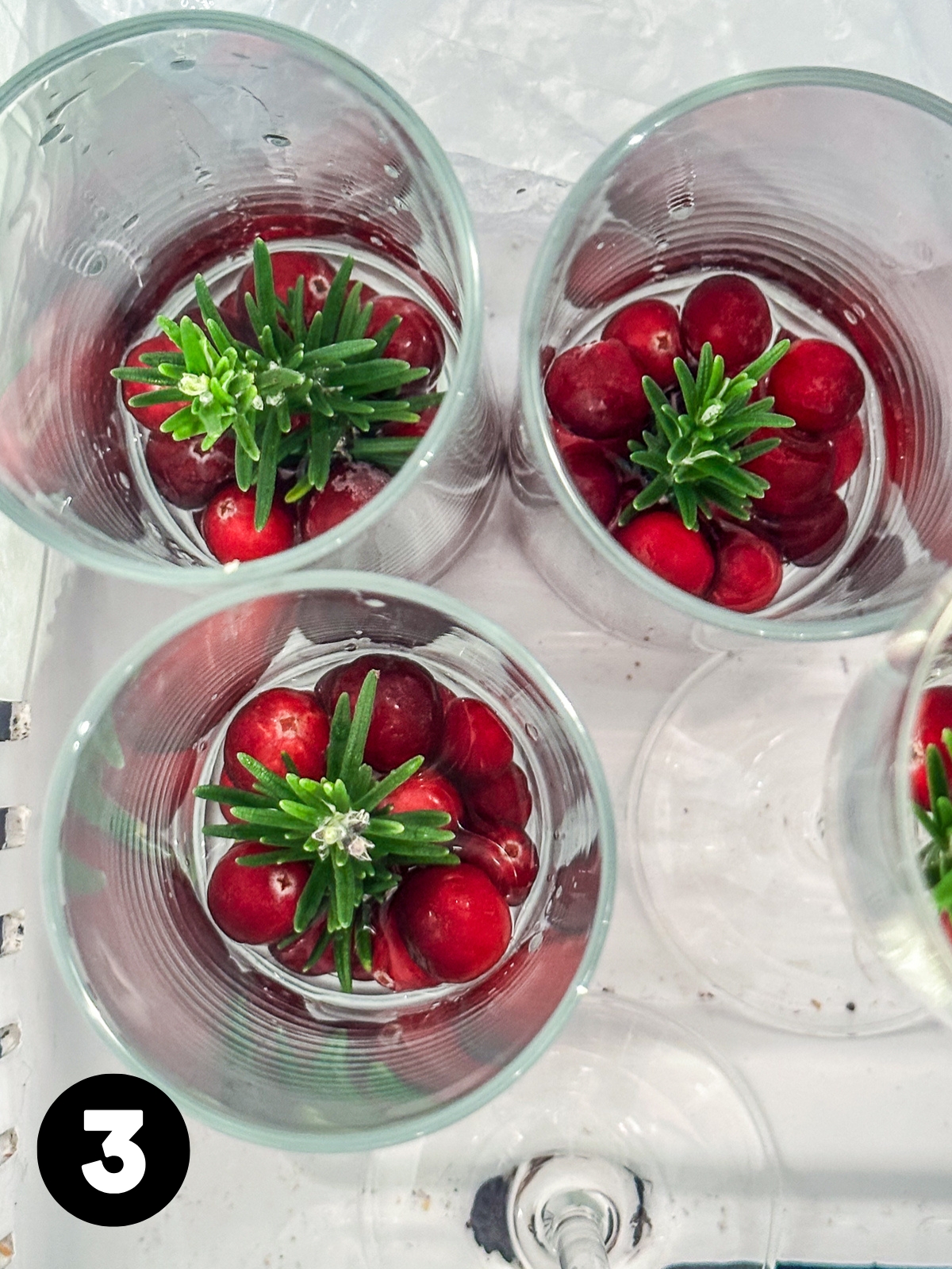 The 3 glasses with cranberries, rosemary and water are set in the freezer.