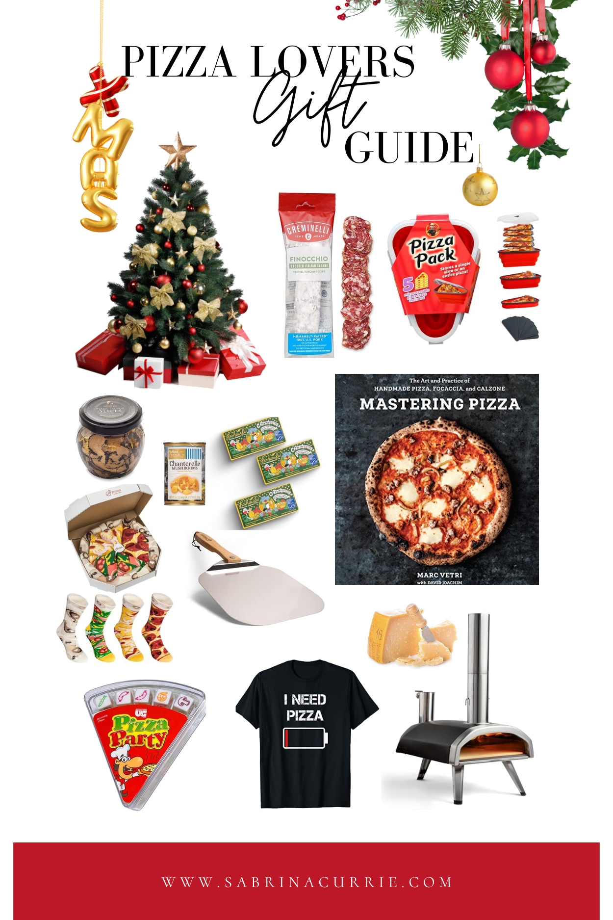 Collage of Christmas tree, ornaments and pizza themed items.
