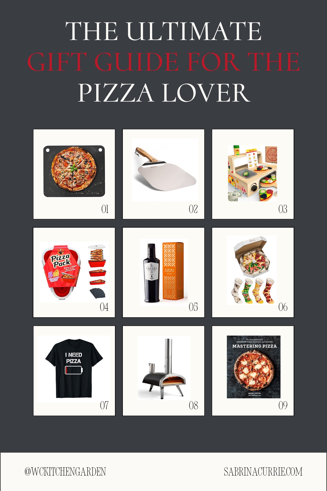 Collage of 9 pizza themed gifts.