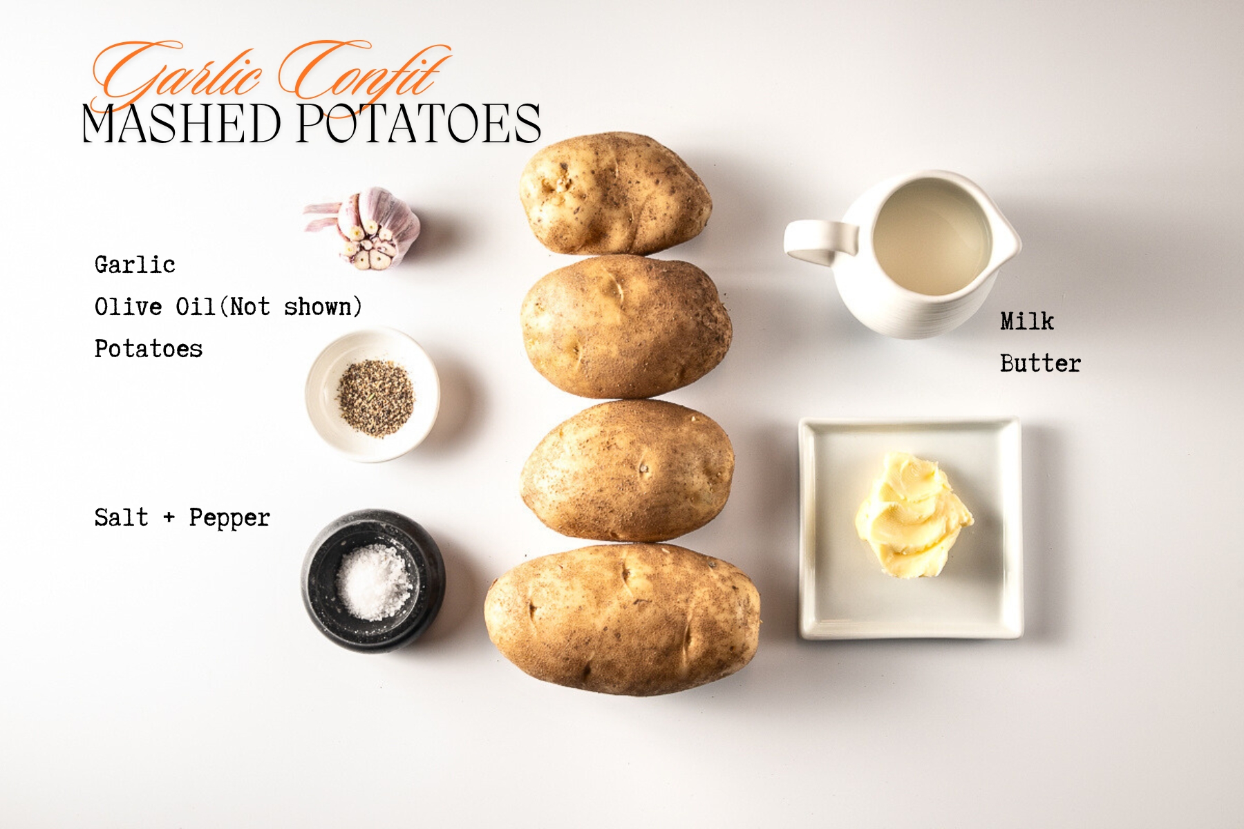 Ingredients for the recipe including 4 russet potatoes, a bulb of garlic, butter, milk, salt and pepper.