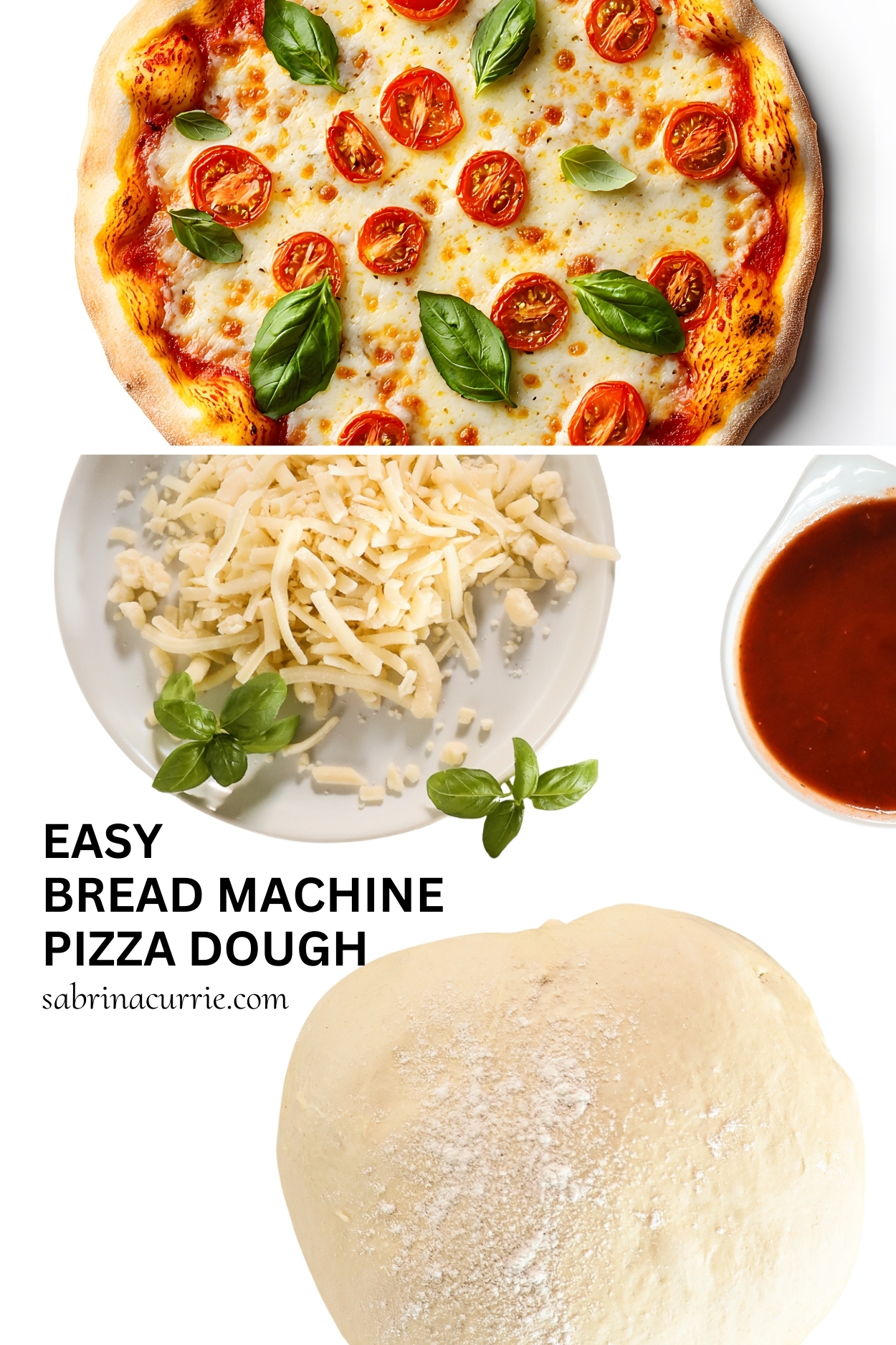 A margarita pizza at the top and the ingredients for it, including pizza dough, below.