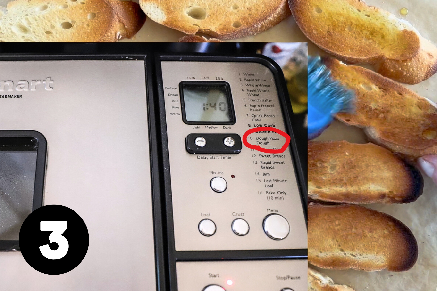 A bread machine with the dough cycle circled.