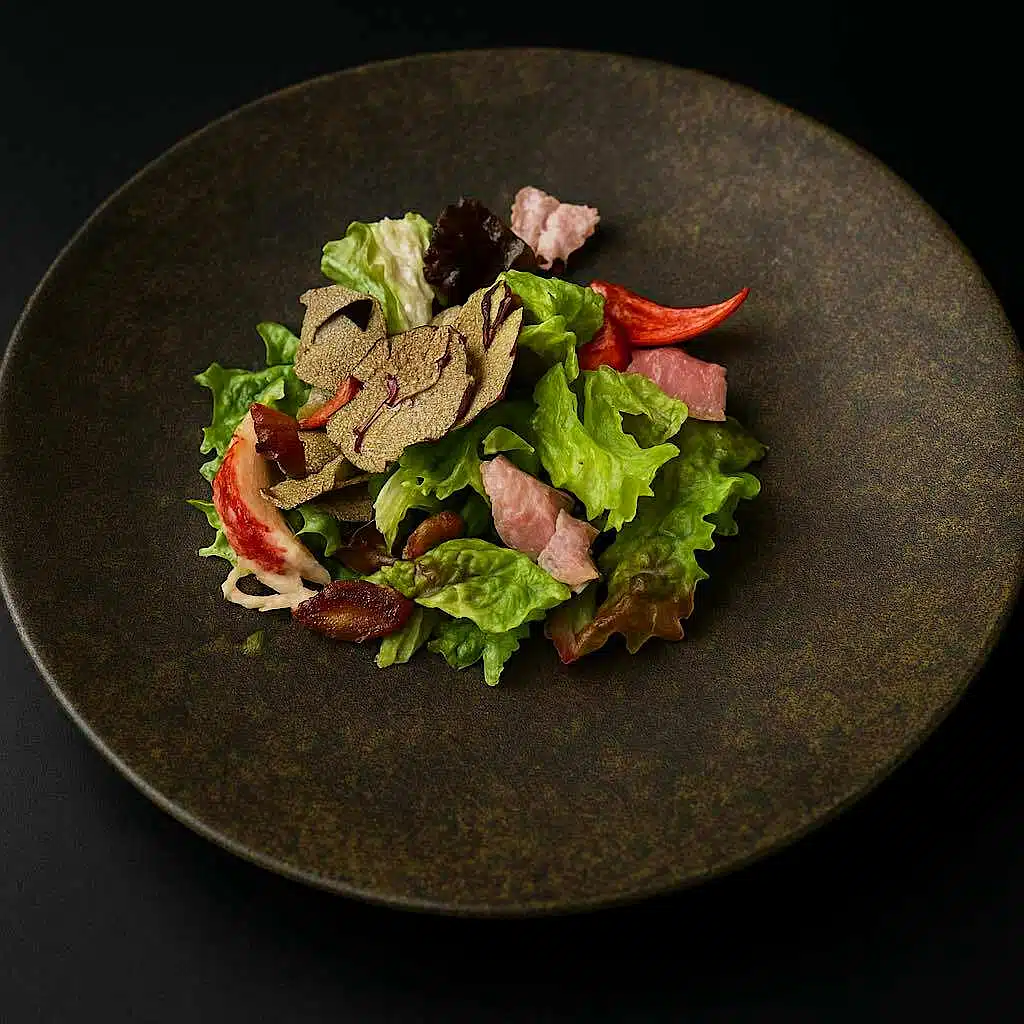 Salad of greens, lobster meat, poultry and shaved truffles.