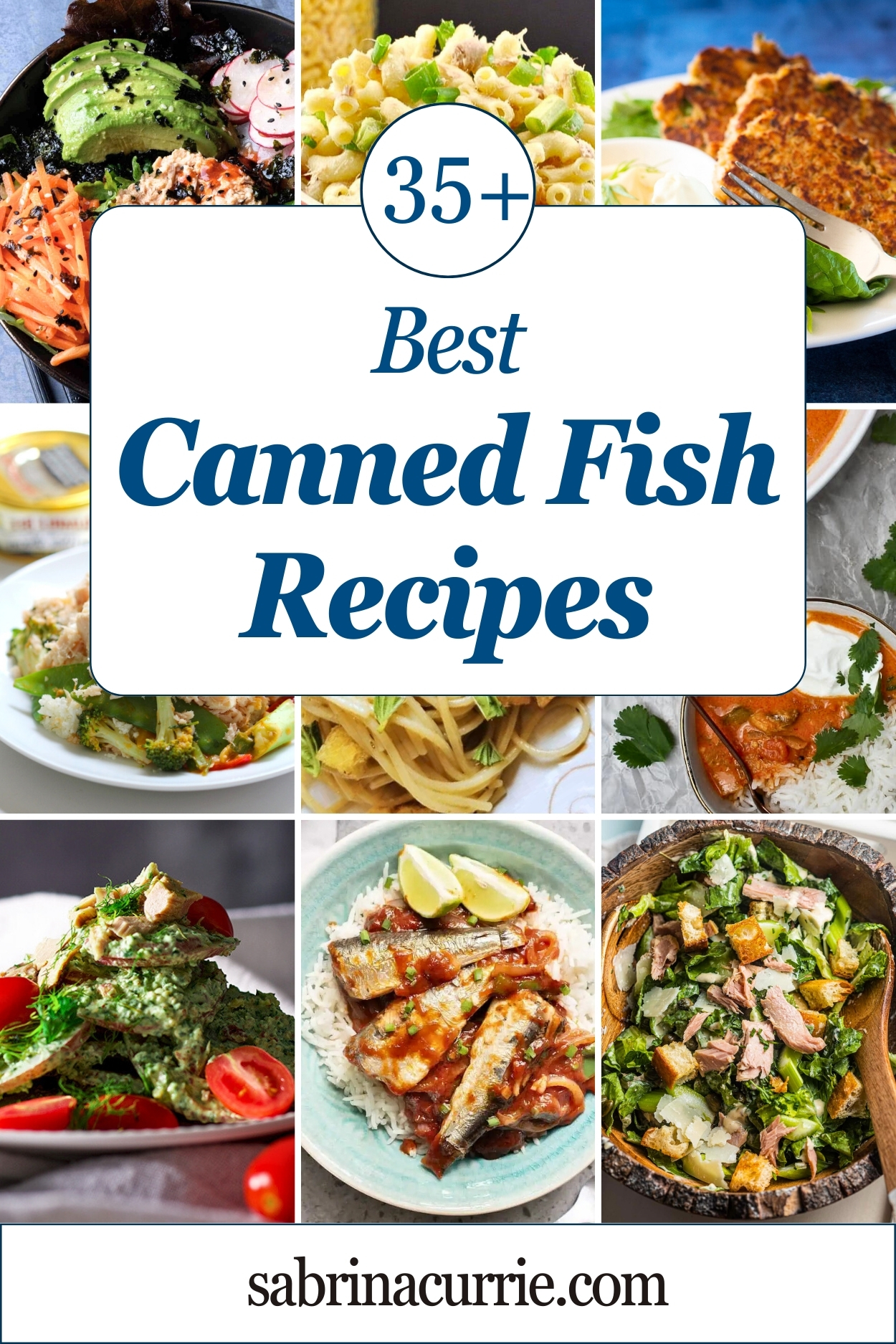 Collage of 9 recipes that use canned fish.