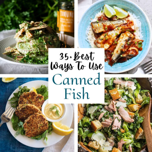 Collage of 4 canned fish recipes with the post title in the center.