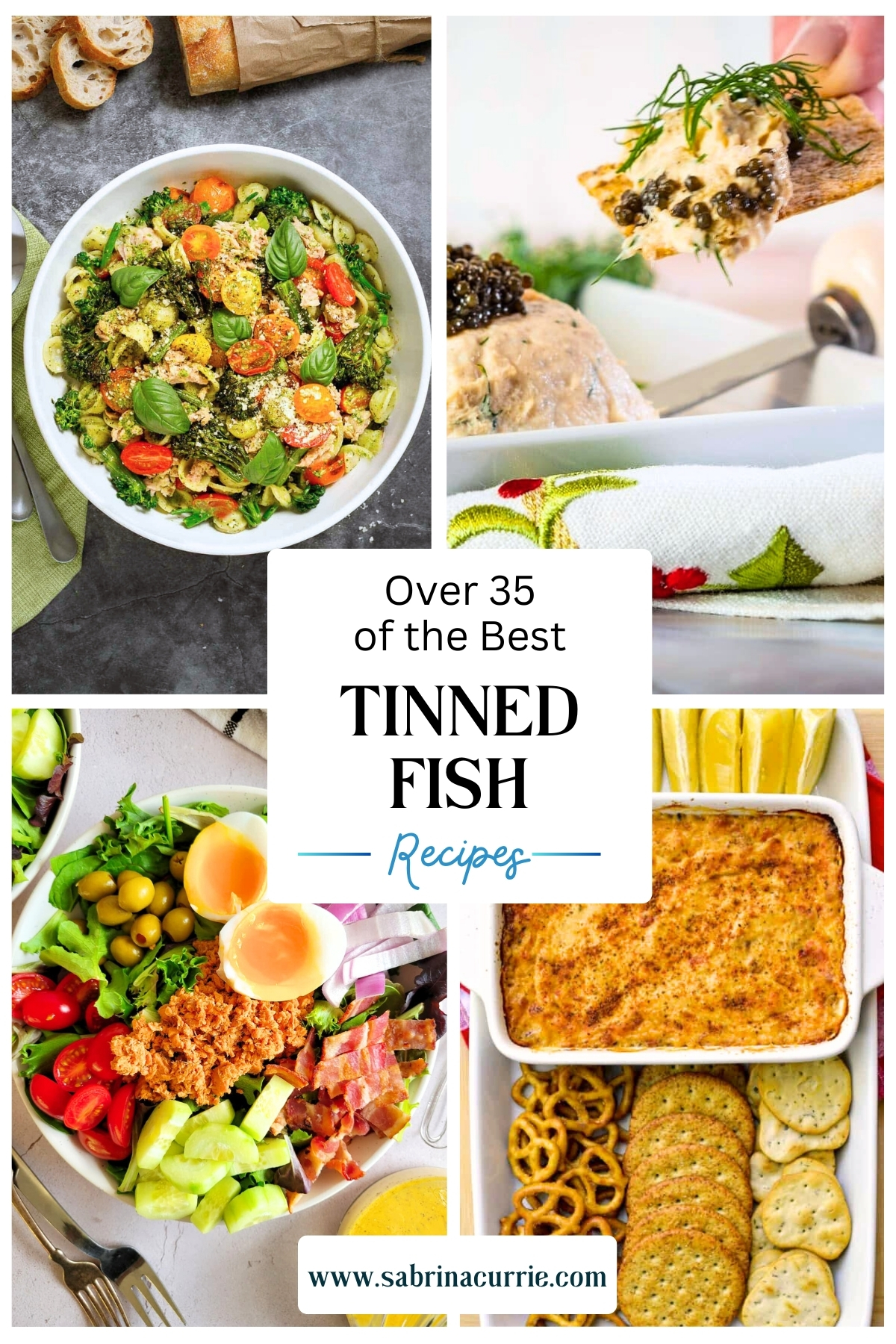 Collage of 4 tinned fish recipes including tuna salad with tomatoes, salmon mousse with caviar, a salmon cobb salad and a baked hot tuna dip.