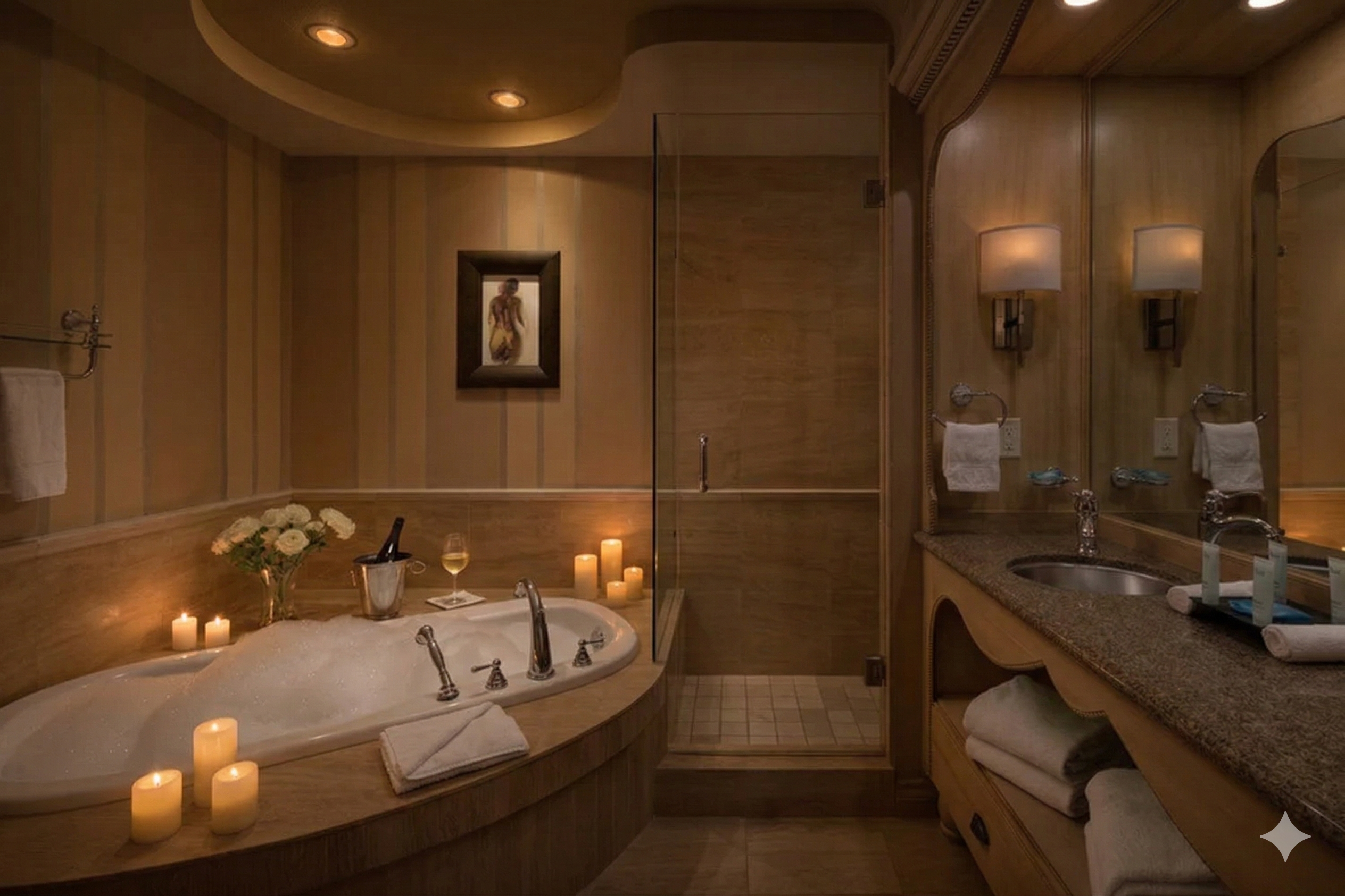 A candlelit bathroom with a bubble bath, fresh folded towels, a bottle of wine in an ice bucket and a glass of white wine beside the tub.