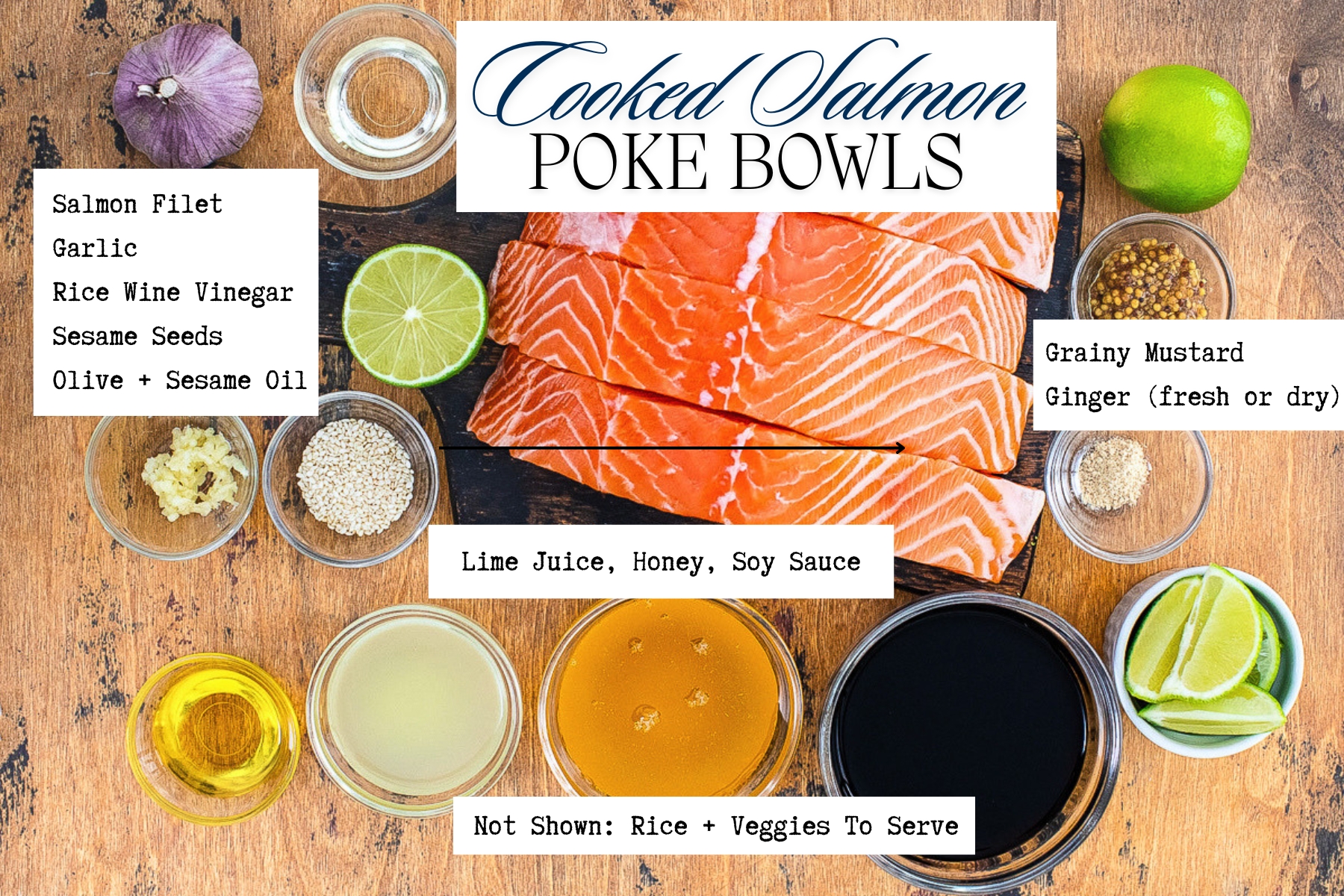 All the ingredients for the salmon recipe on a wooden cutting board. 