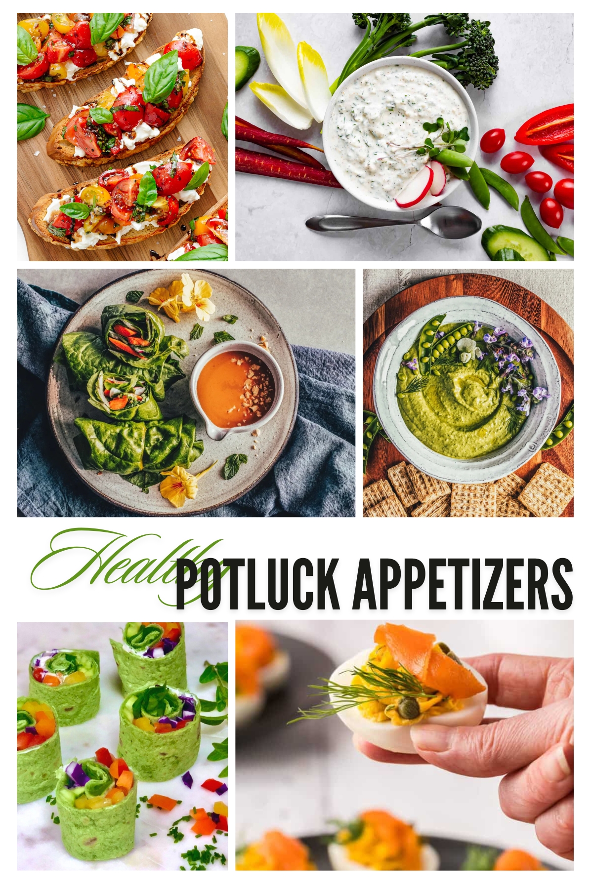 Collage of healthy, vegetable focused potluck recipes.