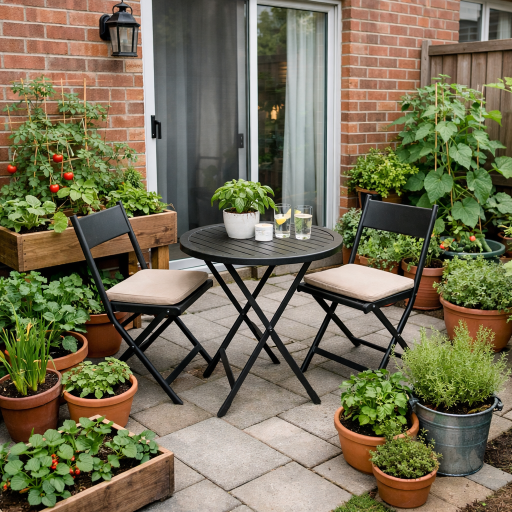 Black patio table and chairs surrounded by various potted plants on a stone patio