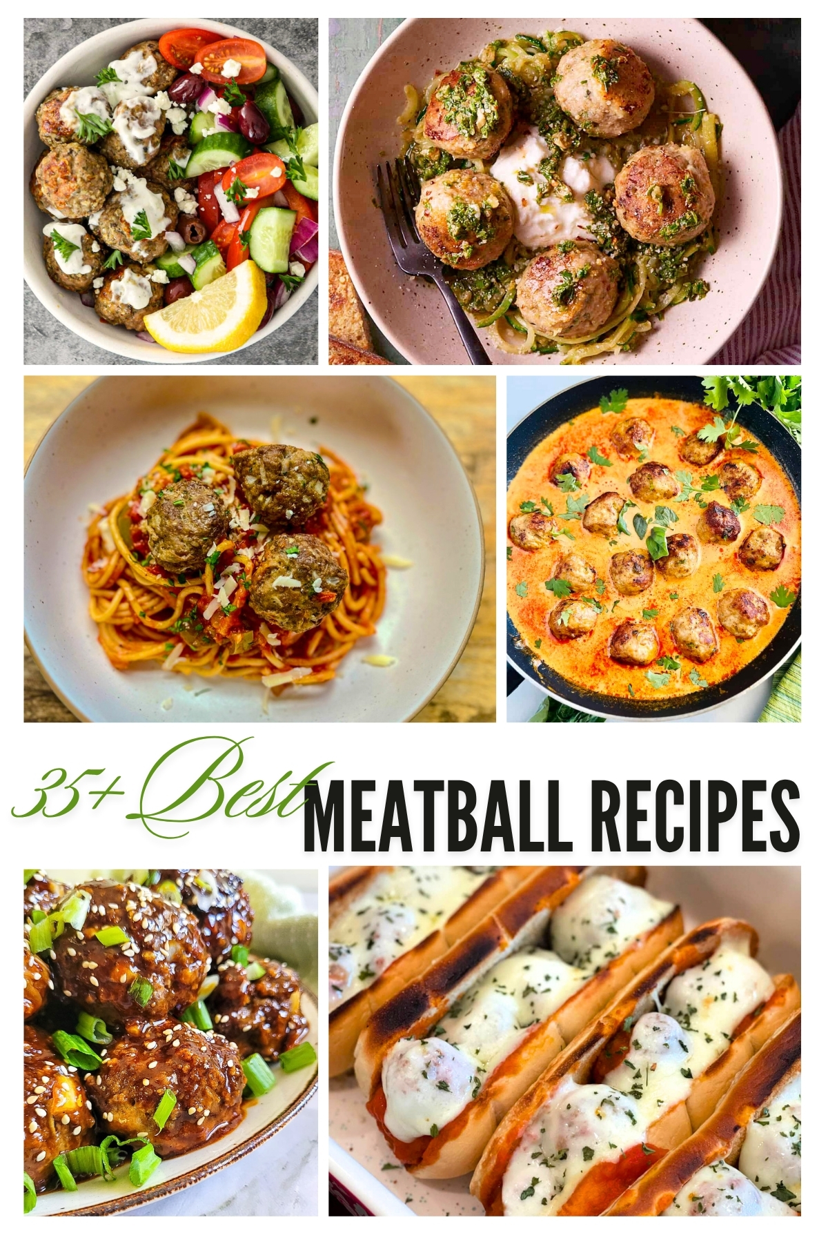Collage of 6 recipes with meatballs.