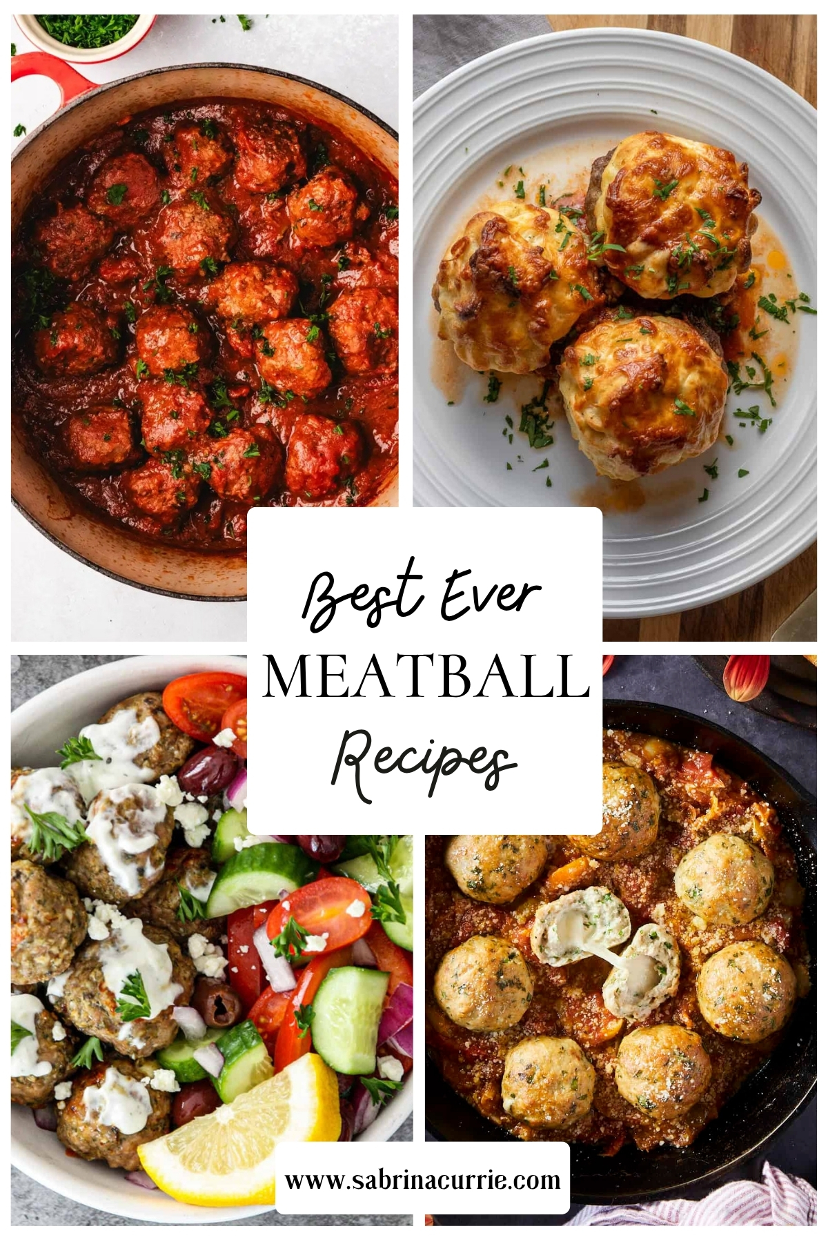 Collage of four meatball recipes including in tomato sauce, baked with cheese, in Greek salad and stuffed with cheese.