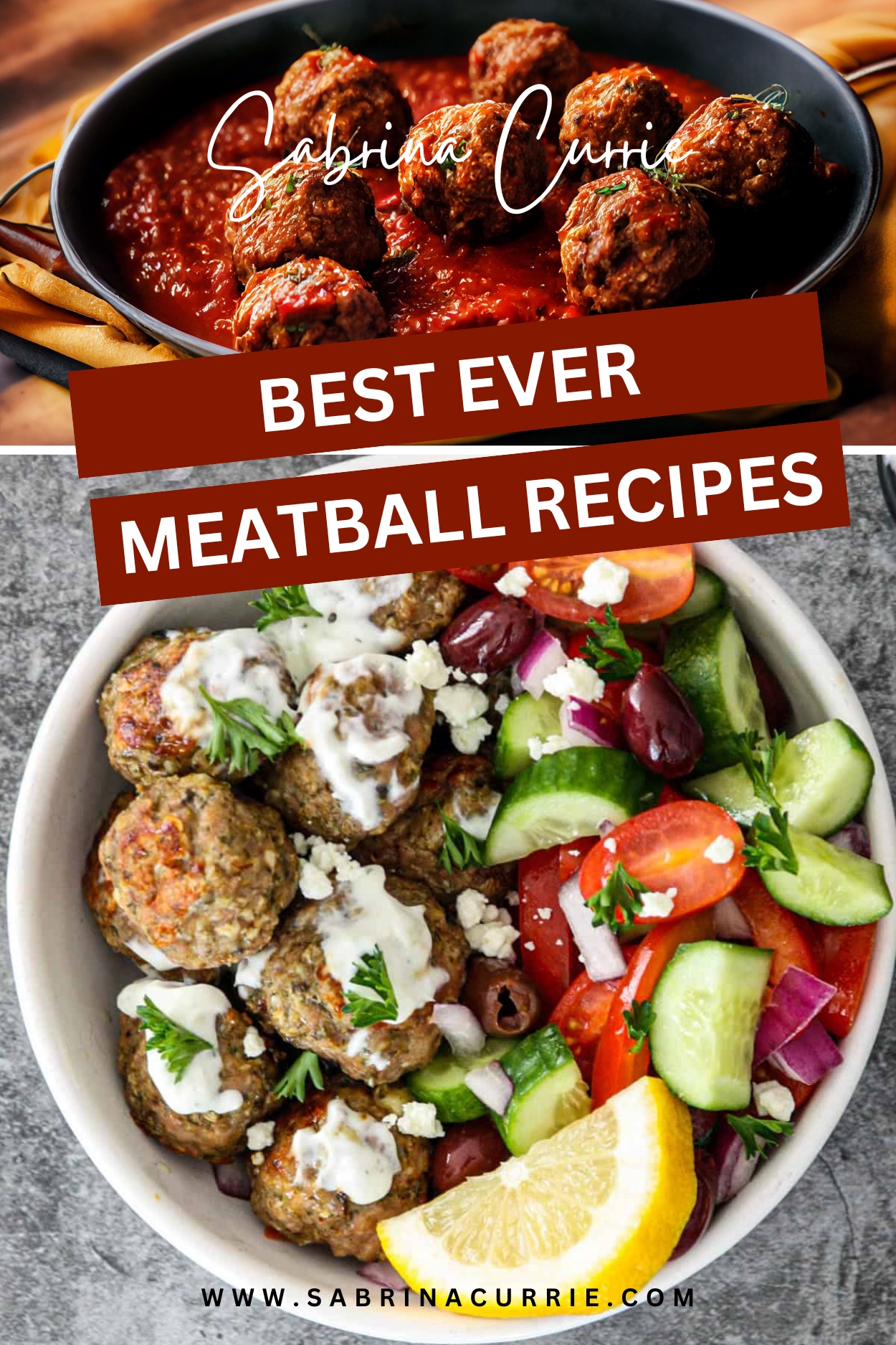 Meatballs in red sauce and meatballs in a bowl of feta cheese topped Greek salad.