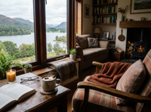 Cozy reading nook with open book, coffee, candle, and mountain lake view